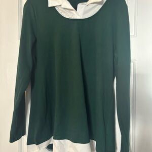Women’s Casual Contrast Collar Shirt Long Sleeve Dark Green White Collar